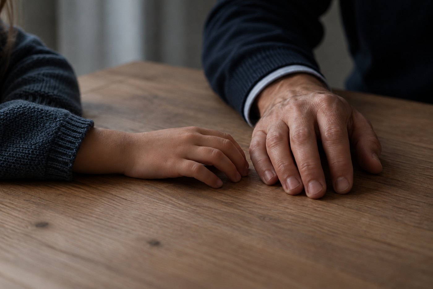 Le mani di un genitore e di un figlio su un tavolo